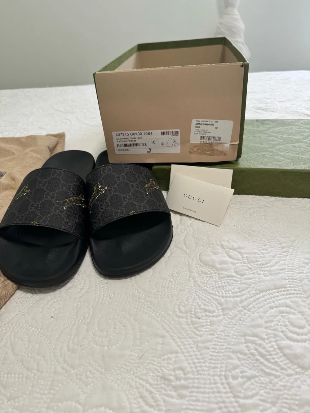 Gucci Black GG Supreme Slide Sandals with Gold Tiger Detail